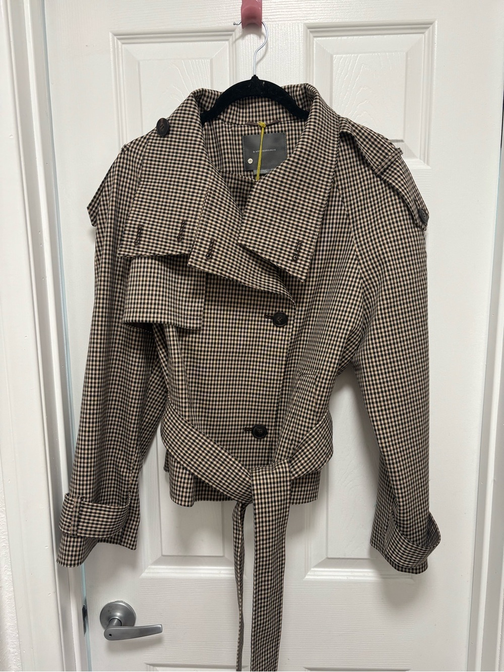 Anthropologie Houndstooth Belted Cropped Trench Coat - Brown/Black